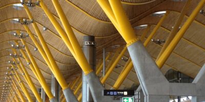 Busy airport terminal filled with travelers