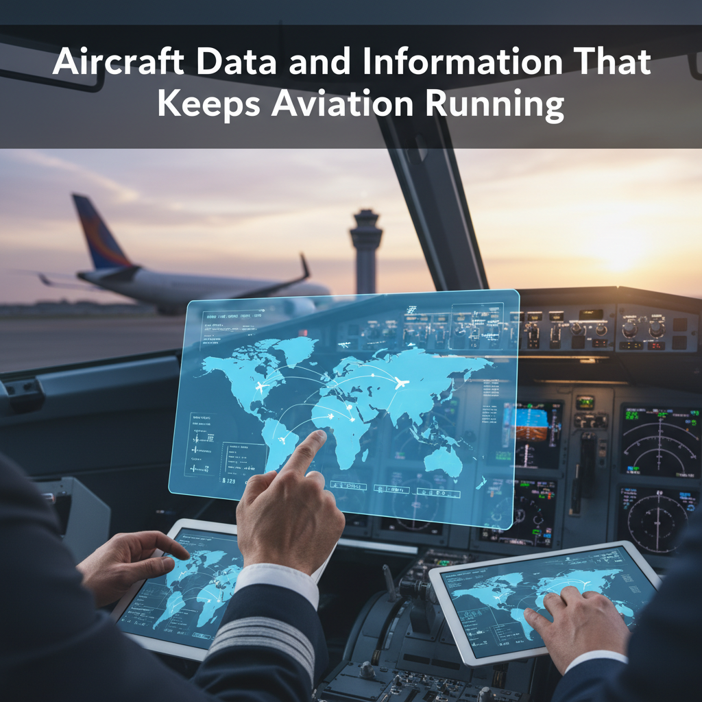Professional blog header image for article titled: Aircraft Data and Information That Keeps Aviation Running. High quality, relevant imagery, clean composition.