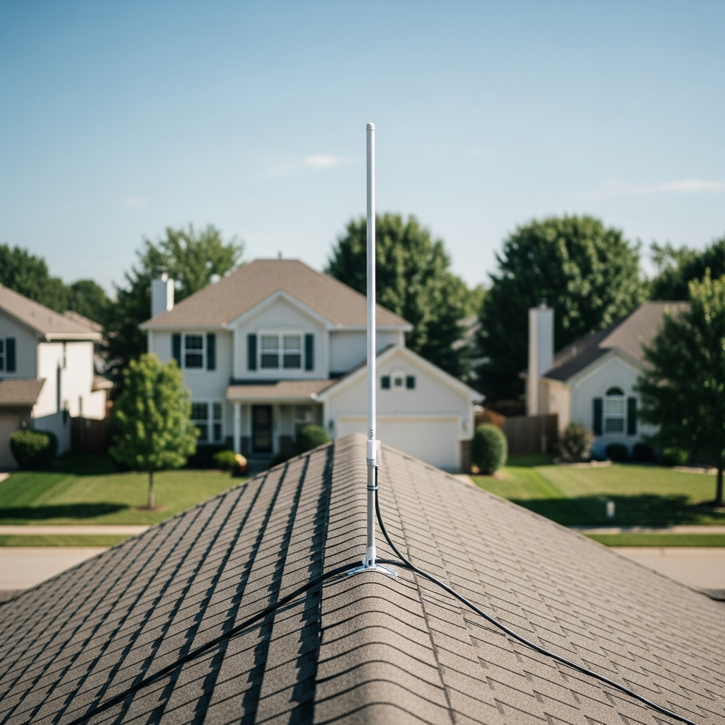 ADS-B 1090 MHz antenna mounted on residential rooftop for home flight tracking receiver setup