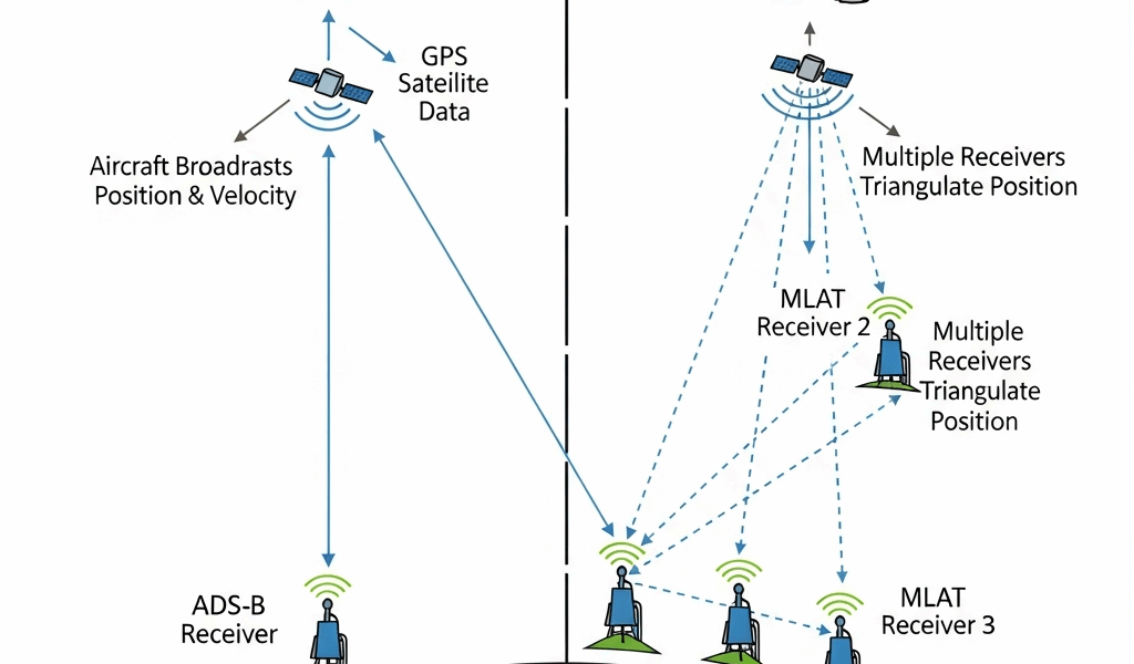 split screen diagram showing ads b direct gps satellite broa 20260331 083108