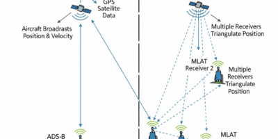 split screen diagram showing ads b direct gps satellite broa 20260331 083108